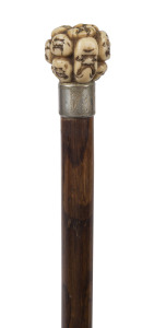 A Japanese walking stick with carved ivory handle, engraved silver collar, timber shaft with metal ferrule, 19th century, ​80.5cm high