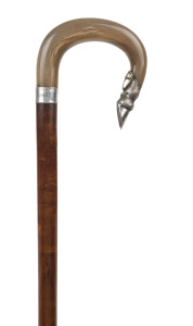 An antique walking stick, carved horn handle with silver horse's hoof finial and timber shaft, circa 1900, 81cm high