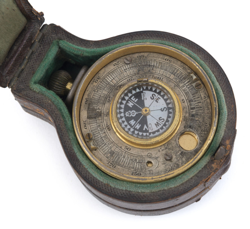 An antique English pocket barometer with compass and mercury thermometer in original leather case, 19th century, thermometer glass broken. ​7cm high including crown