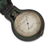 An antique English pocket barometer with compass and mercury thermometer in original leather case, 19th century, thermometer glass broken. ​7cm high including crown - 2