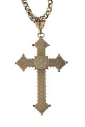 A stunning Greek Orthodox crucifix on chain, silver with remains of gilt finish, decorated with enamel cartouche of Christ and encrusted with numerous semi-precious cabochon stones. Reliquary door on the reverse, 19th century. With a Klepner's insurance v - 2