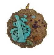 An impressive Chinese 18ct yellow gold pendent adorned with rubies, opal, jade, sapphires, lapis lazuli and carnelian, stamped "18K", ​7cm high, 47 grams total