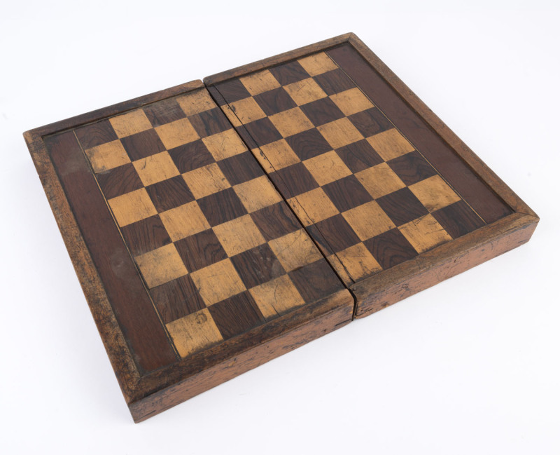 An antique folding games box, chess board top with backgammon interior, 19th century, ​37.5cm wide