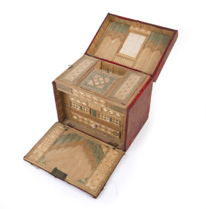 Napoleonic French prisoner of war straw work box with carved bone handles, circa 1805. Straw work and bone carving was a way of prisoners earning some extra money that could purchase them more favourable food and conditions. 20.5cm high, 24.5cm wide, 17cm