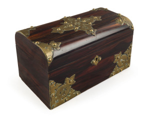 A Neo-Gothic antique English tea caddy, rosewood with gilt metal mounts, circa 1840, interior fitted with two lidded compartments with whalebone handles, 14cm high, 23cm wide, 13cm deep