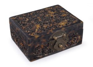 An antique Chinese cricket cage box, sumptuously carved tortoiseshell, Qing Dynasty, 19th century, 5cm high, 10cm wide, 8cm deep