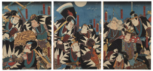 Three Japanese woodblock prints of samurai, 19th century, 35 x 24.5cm