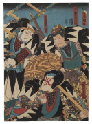 Three Japanese woodblock prints of samurai, 19th century, 35 x 24.5cm - 2