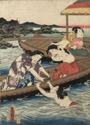 TOYOKUNI (KUNISADA), (1786-1865), The Shining Prince Amusing Himself at the Seashore, (1858), woodblock print, page one of a three page set, 35 x 25.5cm