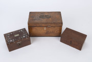 Three assorted antique timber boxes, the largest fitted with compartments (Ex Christies Auctions, London, May 24th, 2007), 19th century, (3 items), the largest 12cm high, 20.5cm wide, 12cm deep