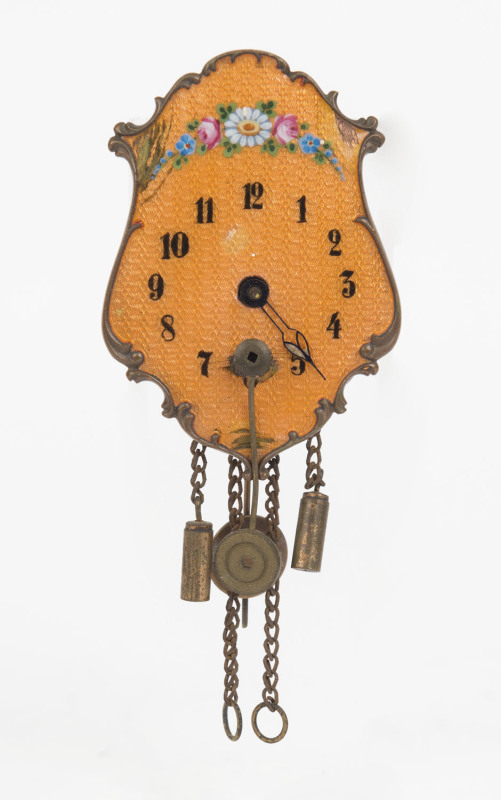 An antique miniature wall clock with orange enamel dial, 19th century, ​the face 8cm high