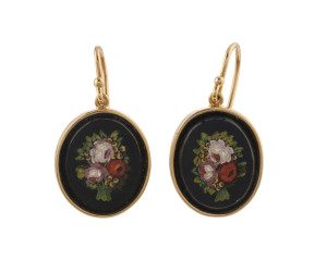 A pair of antique yellow gold and micro-mosaic earrings, 19th century, ​1.8cm high