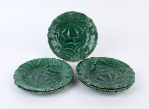 COPELAND set of six green majolica leaf plates, 19th century, impressed mark "Copeland", 22.5cm diameter