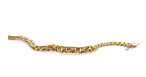 An 18ct yellow gold solid curb link bracelet set with 16 blue sapphires, stamped "750", ​22cm long, 52 grams