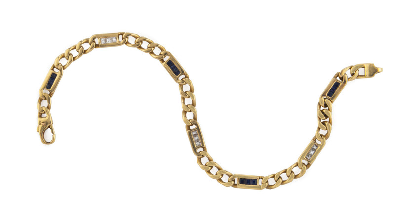 An 18ct yellow gold bracelet set with diamonds and sapphires, stamped "18ct", 22cm long, 22 grams total