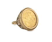 An 18ct yellow gold gent's ring set with a 22ct gold sovereign dated 1918, ​13.5 grams total