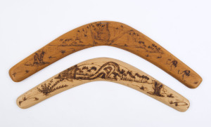 LIN ONUS (1948-1996), two pokerwork decorated boomerangs, each inscribed verso "Lin Onus, Wirad-jiri Arilie, Australia", 14" and 16", 38cm and 42cm long