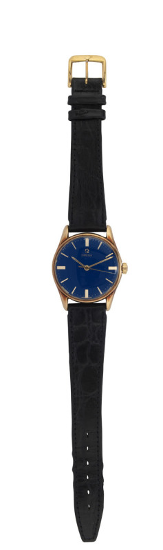 OMEGA gent's wristwatch in yellow gold case with blue enamel dial and baton numeral