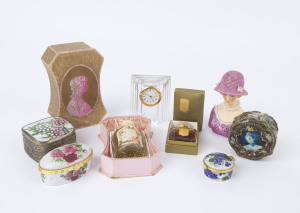 Vintage perfume bottles, Bohemian crystal clock and assorted pill boxes including antique Chinese porcelain fragment example, (9 items), the largest perfume 11cm high