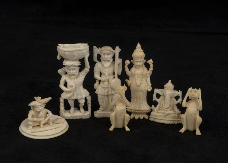 Group of seven Indian carved ivory miniature figures, early to mid 20th century, ​the largest 5cm high