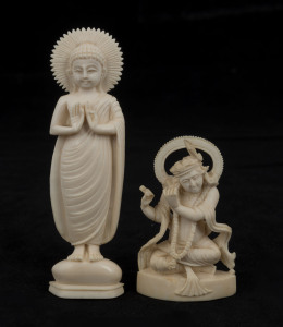 An Indian carved ivory standing Buddha statue, together with a carved ivory seated Krishna statue, 20th century, (2 items), ​11cm and 6cm high