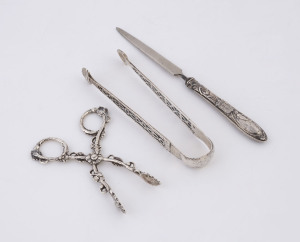 Sterling silver sugar tongs, sugar nips and paper knife, 19th century, (3 items), the knife 18cm long