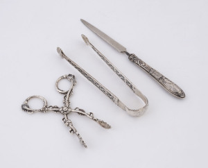 Sterling silver sugar tongs, sugar nips and paper knife, 19th century, (3 items), ​the knife 18cm long