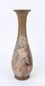 A turned timber mantel vase with hand-painted maiden portrait, early 20th century, 45.5cm high
