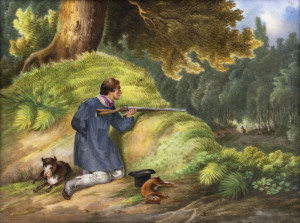 An antique German porcelain plaque of a hunting scene, 19th century, 15 x 20cm