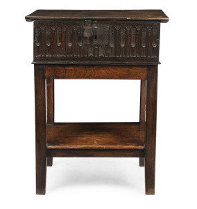 An antique English oak bible table, 18th century, with accompanying antique leather bound bible, 72cm high, 55cm wide, 42cm deep