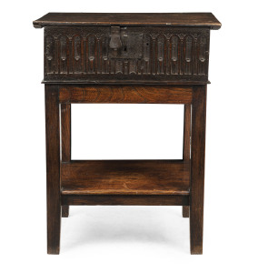 An antique English oak bible table, 18th century, with accompanying antique leather bound bible, ​72cm high, 55cm wide, 42cm deep