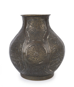 An antique Indo-Persian bidri ware pot, copper and brass with remains of silver overlay, 18th/19th century, 24cm high, 20cm wide