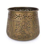 An antique Egyptian pot, pierced brass with repoussé decoration, 19th century, ​19cm high, 22cm wide