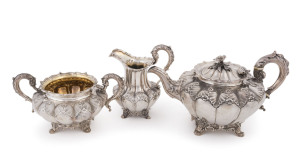 An antique three piece English sterling silver tea service, by Edward, Edward Jnr., John & William Barnard of London, circa 1836, the teapot 17cm high, 28cm wide, 1490 grams total