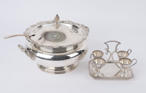 Walker & Hall English silver plated egg cruet set and a silver plated tureen, 20th century, the tureen 22cm high, 32cm across the handles