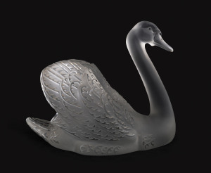 LALIQUE "Swan" with raised head, French art glass statue, circa 1950, 25cm high, 31cm long