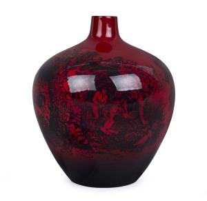 ROYAL DOULTON "WOODCUT" Flambé porcelain vase, circa 1925, stamped "Royal Doulton, England, Made In England, Flambe, Woodcut 1616", 22cm high