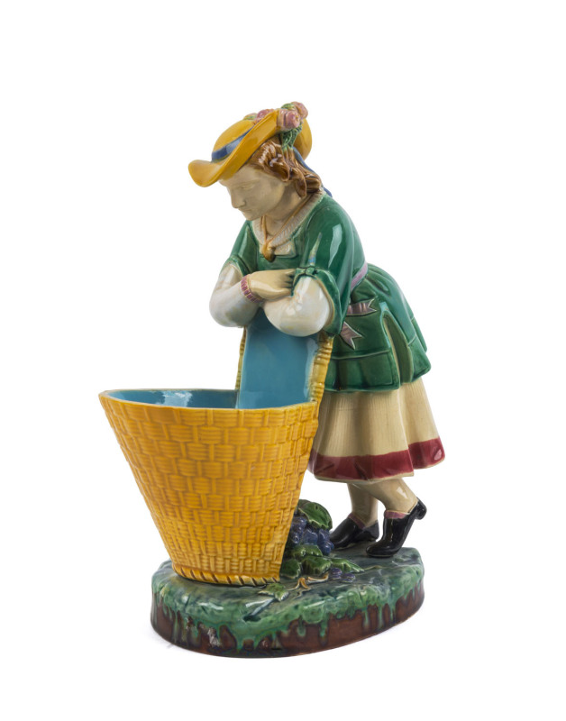 MINTON Majolica statue of the grape harvester, circa 1850s, impressed "MINTON, 431", ​23.5cm high