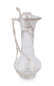 A German Art Nouveau crystal claret jug with silver plated mounts, most likely by ORIVIT, circa 1895, 30cm high