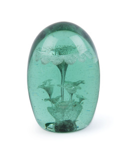 An unusual antique English glass dump doorstop with silver foil floral inclusions, 19th century, 13cm high