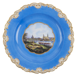 MEISSEN antique German porcelain cabinet plate with hand-painted vignette showing the city of Dresden from across the Elbe River, circa 1830, blue crossed swords mark, 22cm diameter