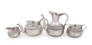 An exceptional Aesthetic Movement English sterling silver four piece tea and coffee service, finely engraved with Japanese inspired decoration, made by Richard Martin & Ebenezer Hall of London, circa 1882. Diamond pattern registration mark for 1875, the tallest 19cm high, 2170 grams total.