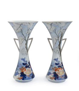 FUKAGAWA pair of exhibition quality Japanese porcelain vases decorated with floral sprays and blossoms, Meiji period, circa 1900, three character mark to base, 24cm high, 12cm wide