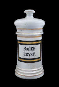 An antique ceramic apothecary jar labelled "SACCH CRYST.", 19th century, ​27cm high