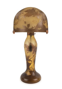 GALLE style Art Nouveau cameo glass table lamp and shade with clematis motif, both pieces signed "Gallé", 48cm high, 25cm wide