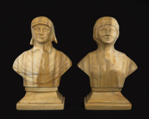AMY JOHNSON & CHARLES LINDBERGH pair of marble busts of the famous aviators, circa 1930s, 30cm high