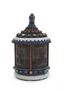 An antique Chinese pagoda shaped box, silver gilt with semi-precious stones, jade and enamel, Qing Dynasty, 19th century, stamped "SILVER" on the base, ​14cm high