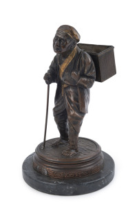An antique Japanese spelter statue of an old peasant man with basket, mounted on a marble plinth, Meiji period, late 19th century, ​27cm high