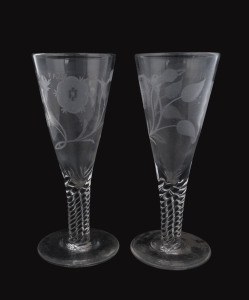 A pair of Jacobite style ale glasses engraved "FIAT" with roses motif, most likely 19th century, 27.5cm high