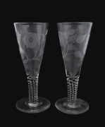 A pair of Jacobite style ale glasses engraved "FIAT" with roses motif, most likely 19th century, 27.5cm high